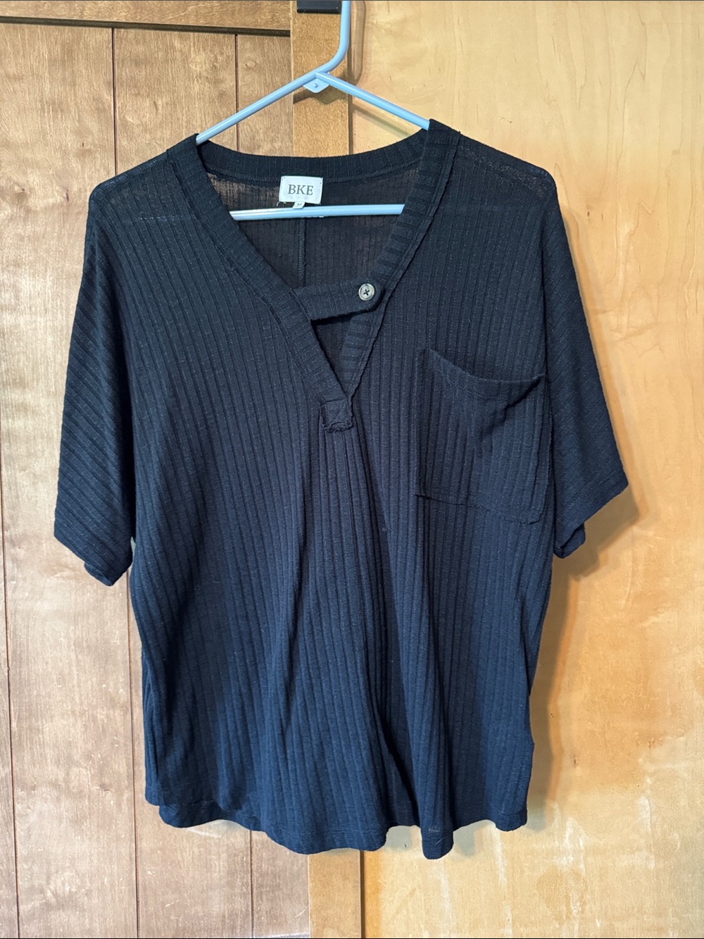 BKE Black Ribbed Short-Sleeve V-Notch Shirt with Chest Pocket